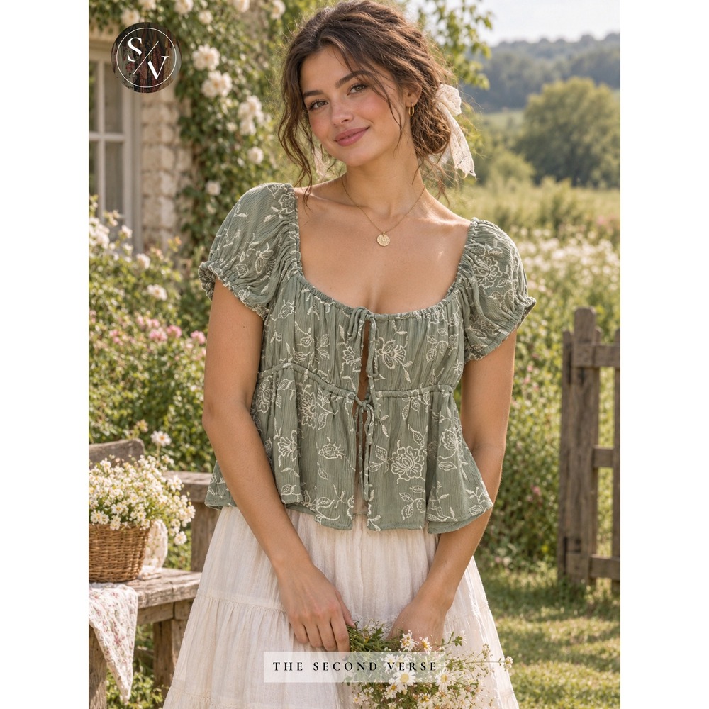 Sage Green Floral Embroidered Tie Front Peplum Top Milkmaid Fairycore Prairie